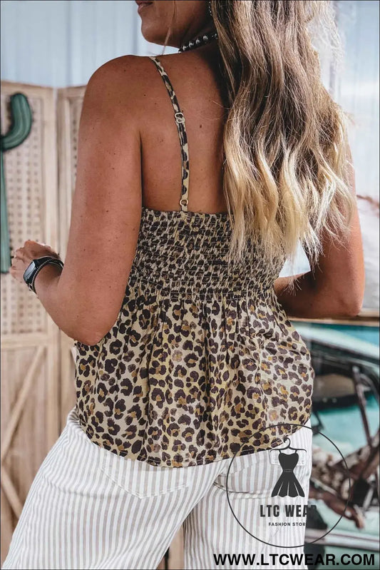 Multicolour Leopard Spaghetti Straps Shirred Ruffle Tank Top
