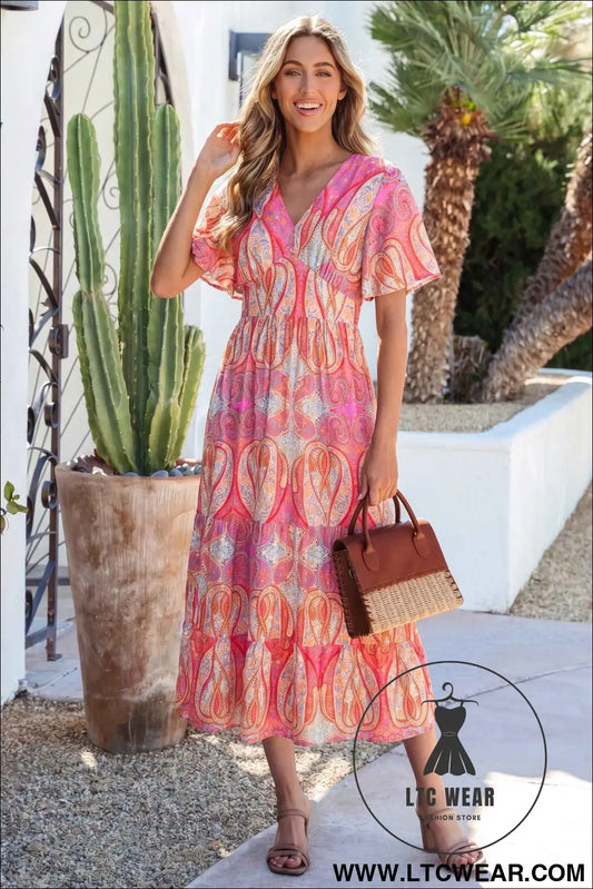 Multicolour Paisley Print V-Neck Short Sleeve Boho Maxi Dress with Ruffle Details