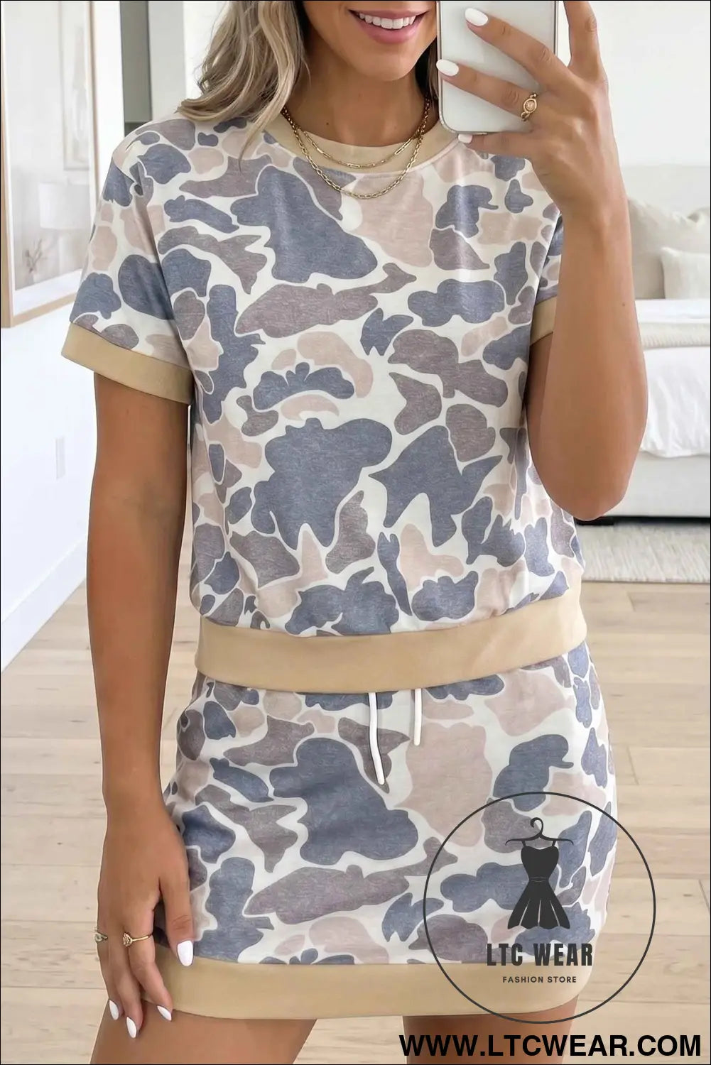 Multicolour Retro Camouflage Color Block Trim Skort 2pcs Outfit