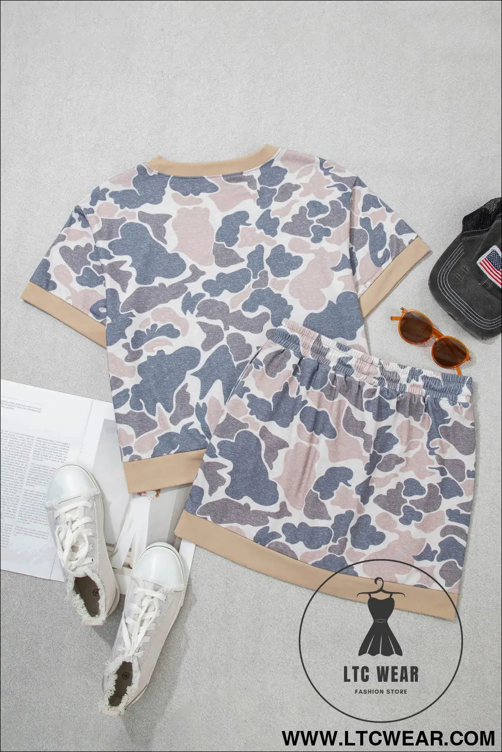 Multicolour Retro Camouflage Color Block Trim Skort 2pcs Outfit - L.T.C Wear Online Fashion Store