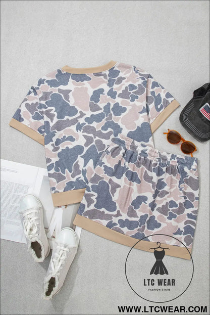 Multicolour Retro Camouflage Color Block Trim Skort 2pcs Outfit - L.T.C Wear Online Fashion Store