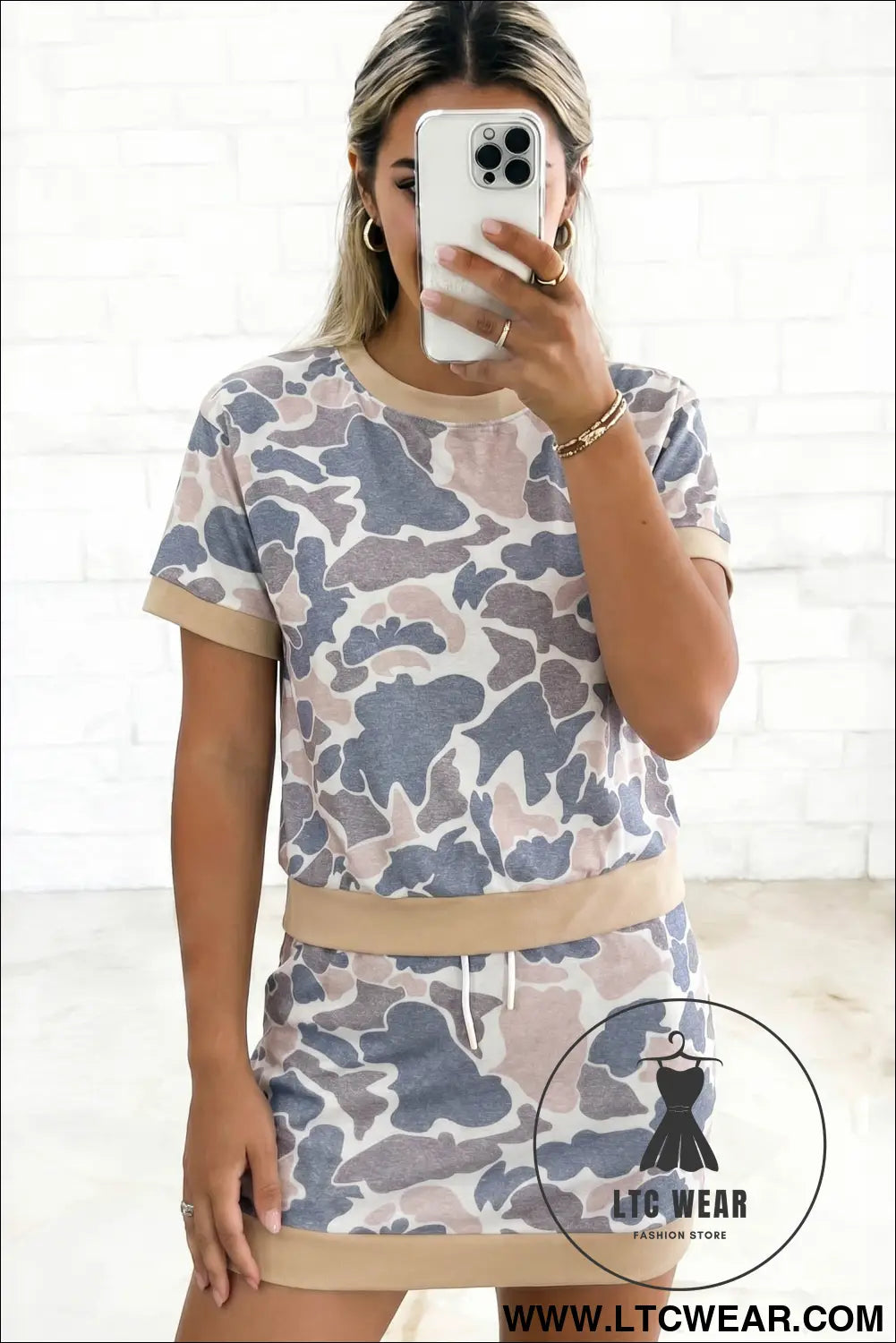Multicolour Retro Camouflage Color Block Trim Skort 2pcs Outfit - L.T.C Wear Online Fashion Store