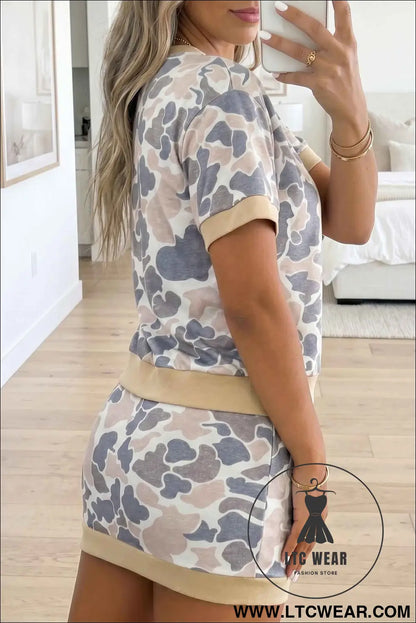 Multicolour Retro Camouflage Color Block Trim Skort 2pcs Outfit