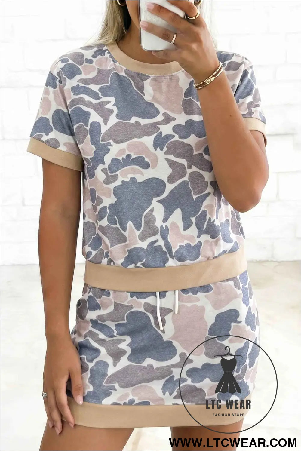 Multicolour Retro Camouflage Color Block Trim Skort 2pcs Outfit