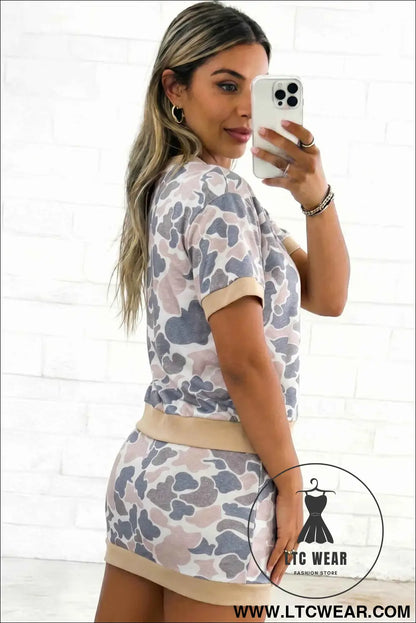 Multicolour Retro Camouflage Color Block Trim Skort 2pcs Outfit
