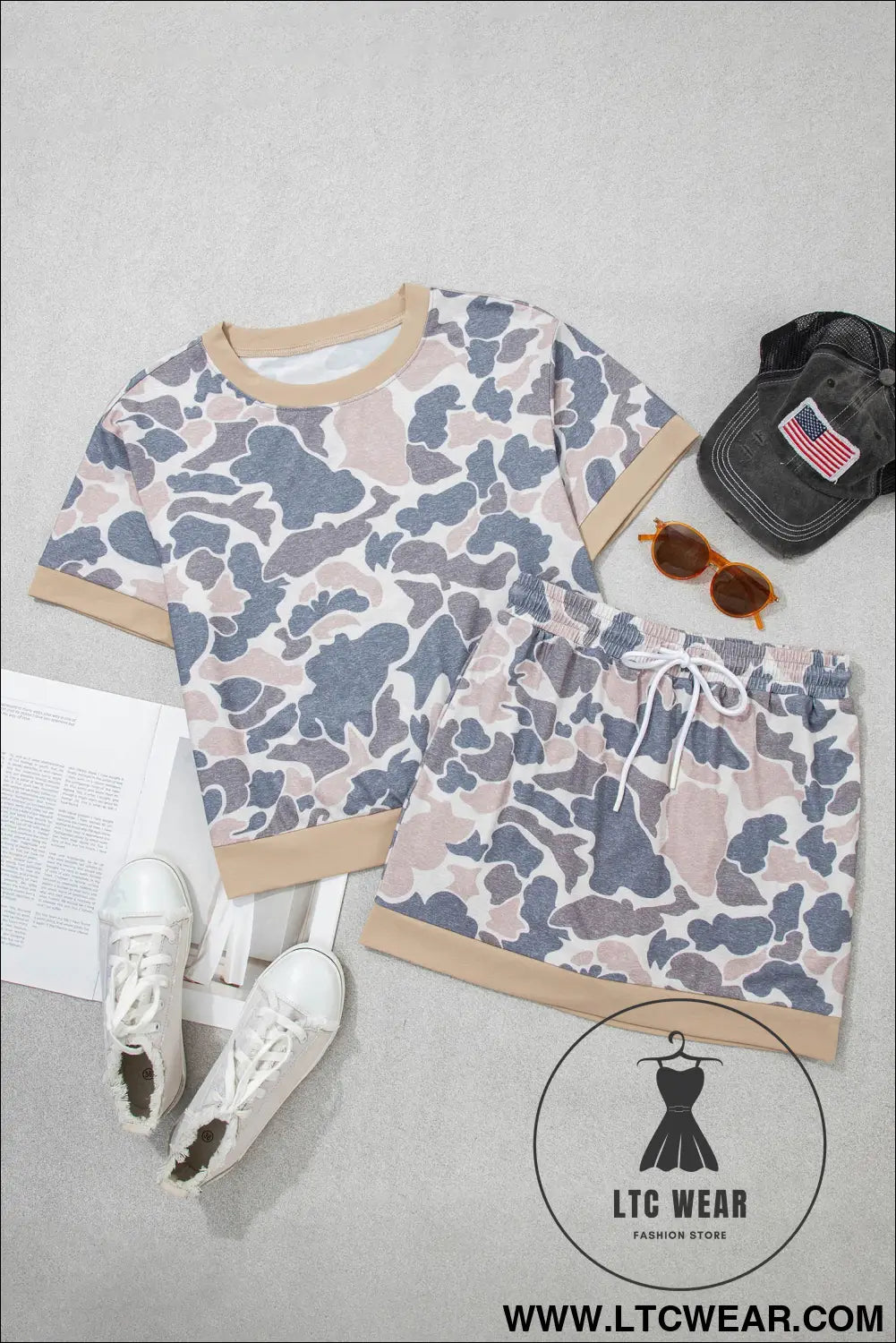 Multicolour Retro Camouflage Color Block Trim Skort 2pcs Outfit - L.T.C Wear Online Fashion Store