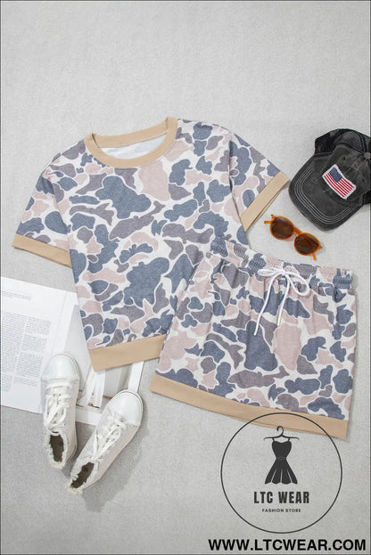 Multicolour Retro Camouflage Color Block Trim Skort 2pcs Outfit - L.T.C Wear Online Fashion Store