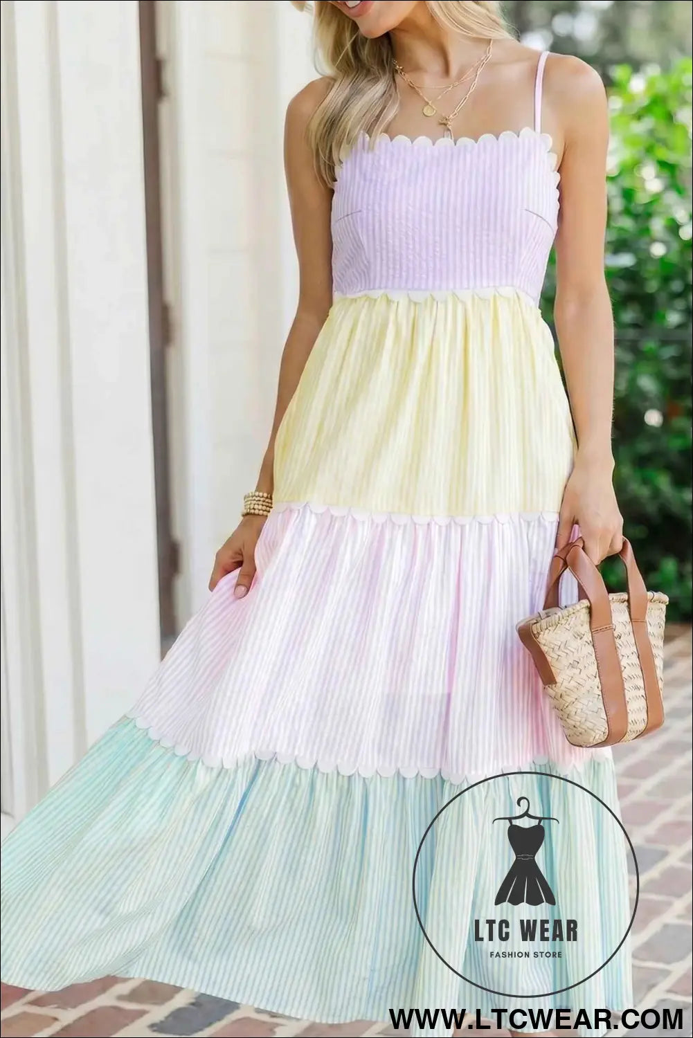 Multicolour Striped Colorblock Adjustable Strap Scalloped Detail Long Dress