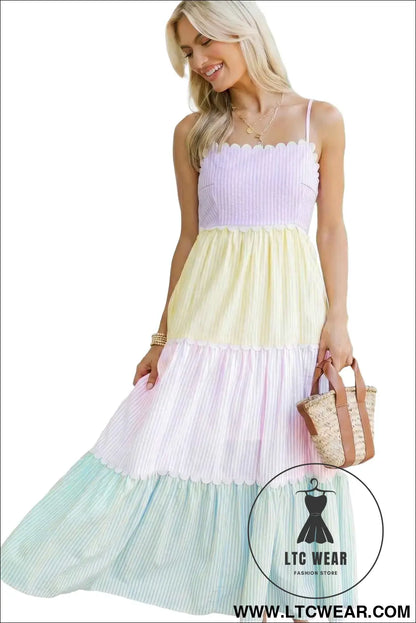 Multicolour Striped Colorblock Adjustable Strap Scalloped Detail Long Dress