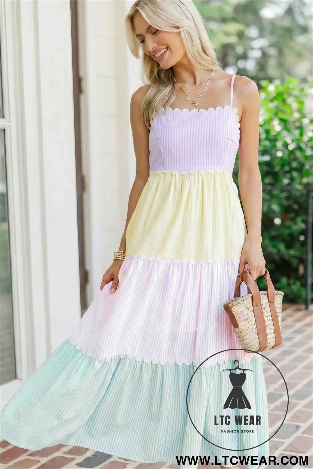 Multicolour Striped Colorblock Adjustable Strap Scalloped Detail Long Dress