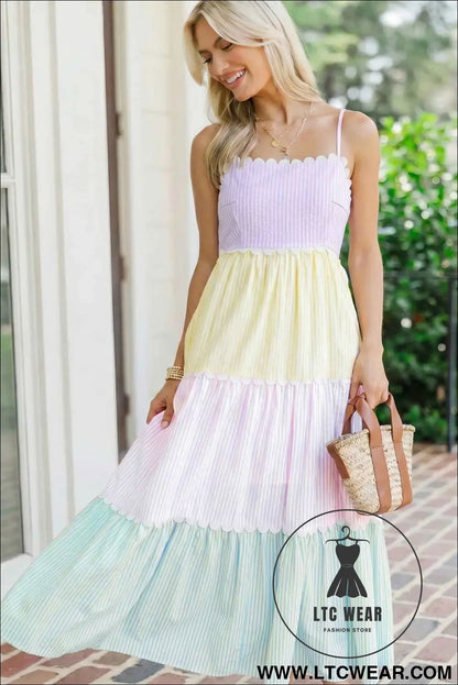 Multicolour Striped Colorblock Adjustable Strap Scalloped Detail Long Dress