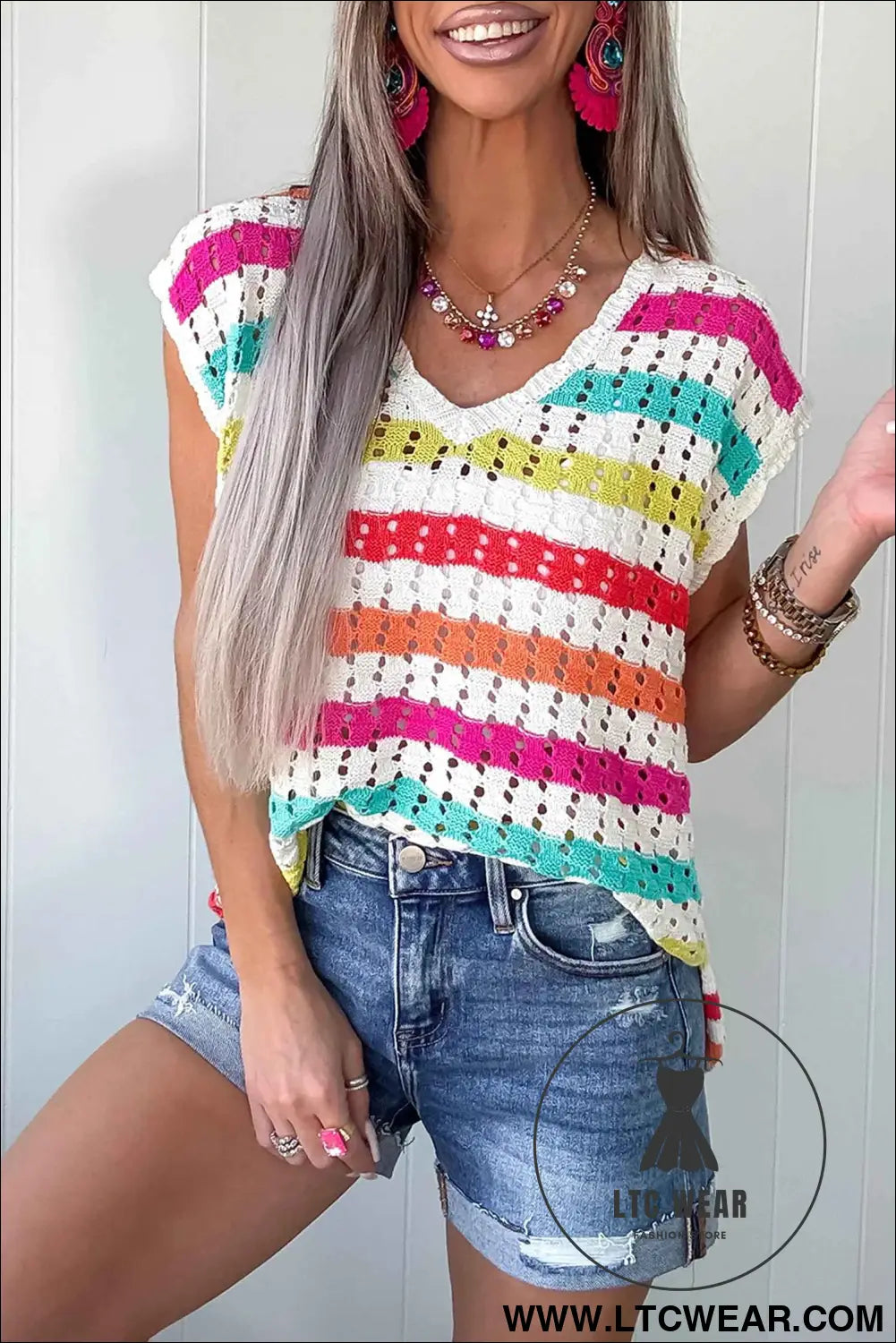 Multicolour Striped Eyelet Knit V Neck Sweater Tee
