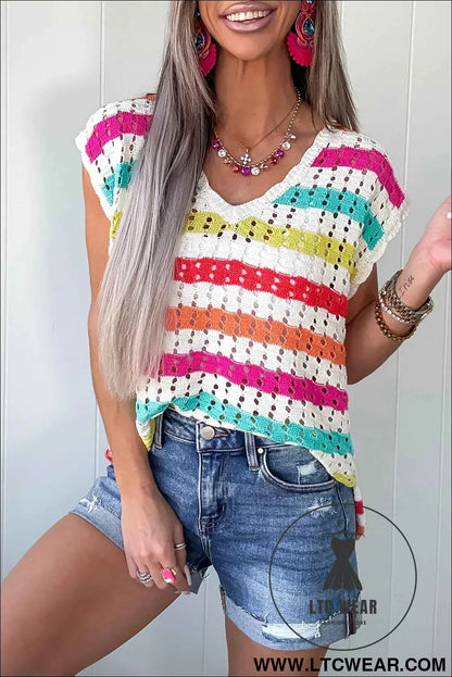 Multicolour Striped Eyelet Knit V Neck Sweater Tee