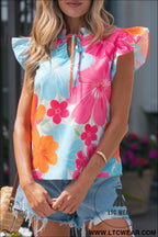 Multicolour vibrant flower printed tie v neck ruffle trim sleeveless blouse - blouses & shirts