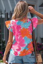 Multicolour vibrant flower printed tie v neck ruffle trim sleeveless blouse - blouses & shirts