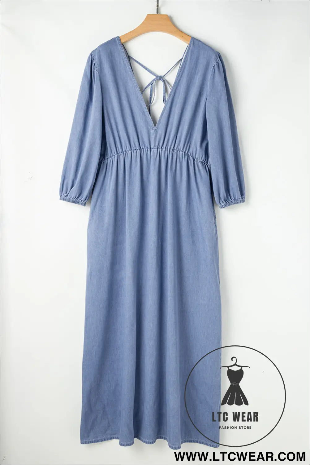 Myosotis chambray deep v neck bracelet sleeve maxi dress - 15%
