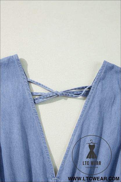 Myosotis chambray deep v neck bracelet sleeve maxi dress - 15%