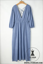 Myosotis chambray deep v neck bracelet sleeve maxi dress - 15%