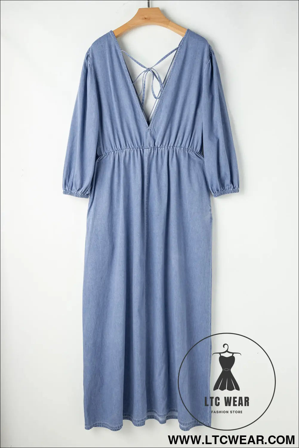 Myosotis chambray deep v neck bracelet sleeve maxi dress - 15%