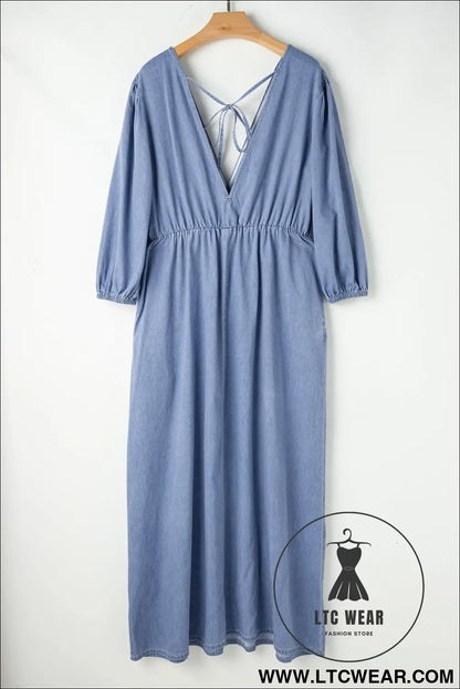 Myosotis chambray deep v neck bracelet sleeve maxi dress - 15%
