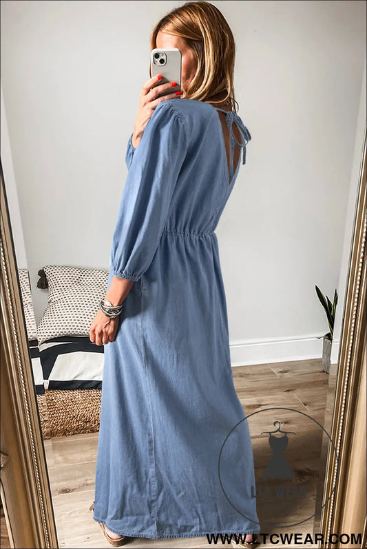 Myosotis chambray deep v neck bracelet sleeve maxi dress - 15%
