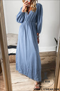 Myosotis chambray deep v neck bracelet sleeve maxi dress - myosotis / l / 100% cotton - 15%