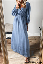 Myosotis chambray deep v neck bracelet sleeve maxi dress - myosotis / l / 100% cotton - 15%