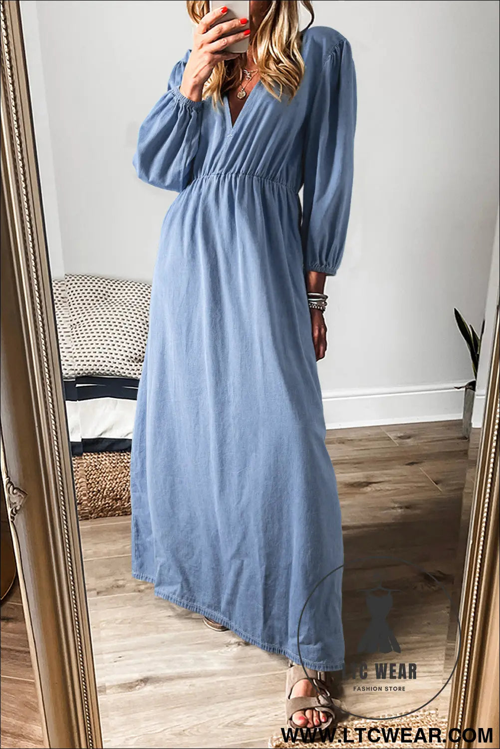 Myosotis chambray deep v neck bracelet sleeve maxi dress - myosotis / l / 100% cotton - 15%