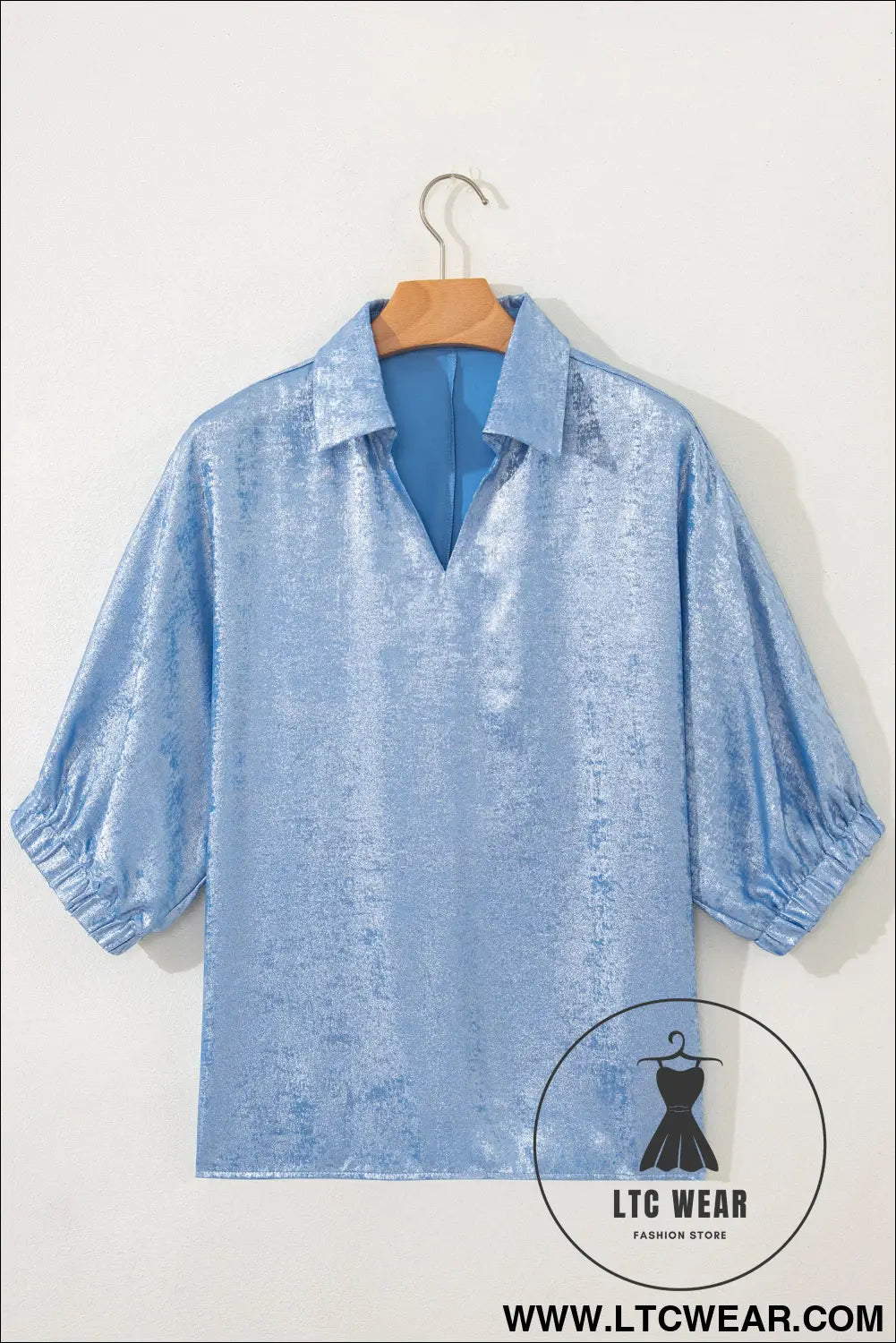 Myosotis collared v neck half sleeve metallic top - blouses & shirts
