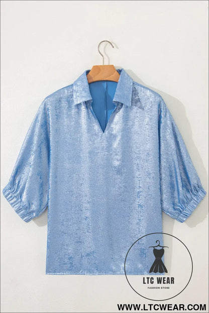 Myosotis collared v neck half sleeve metallic top - blouses & shirts