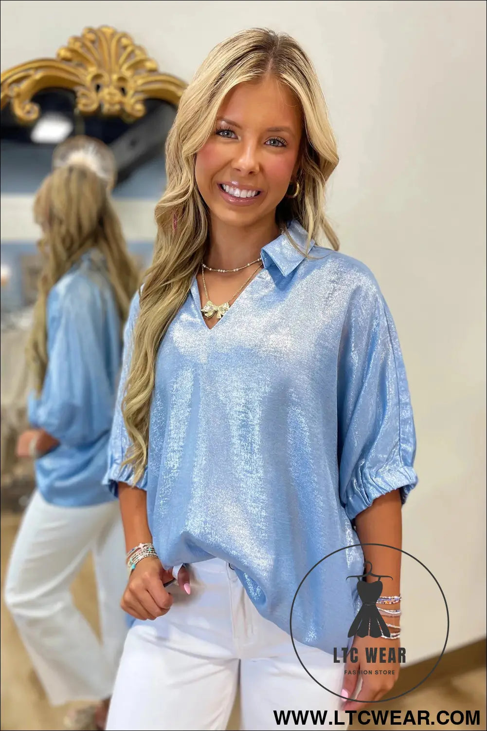 Myosotis collared v neck half sleeve metallic top - blouses & shirts