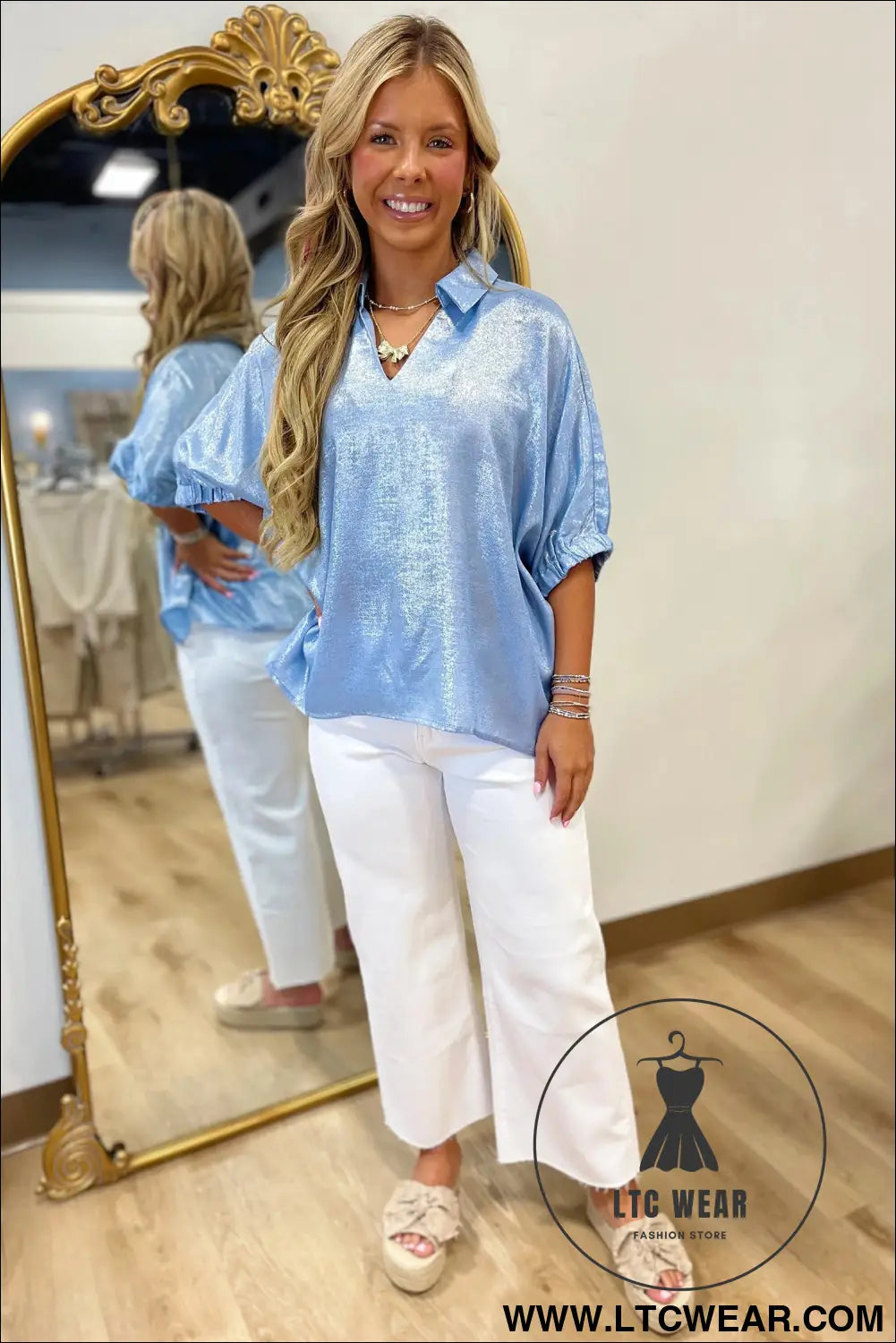Myosotis collared v neck half sleeve metallic top - blouses & shirts