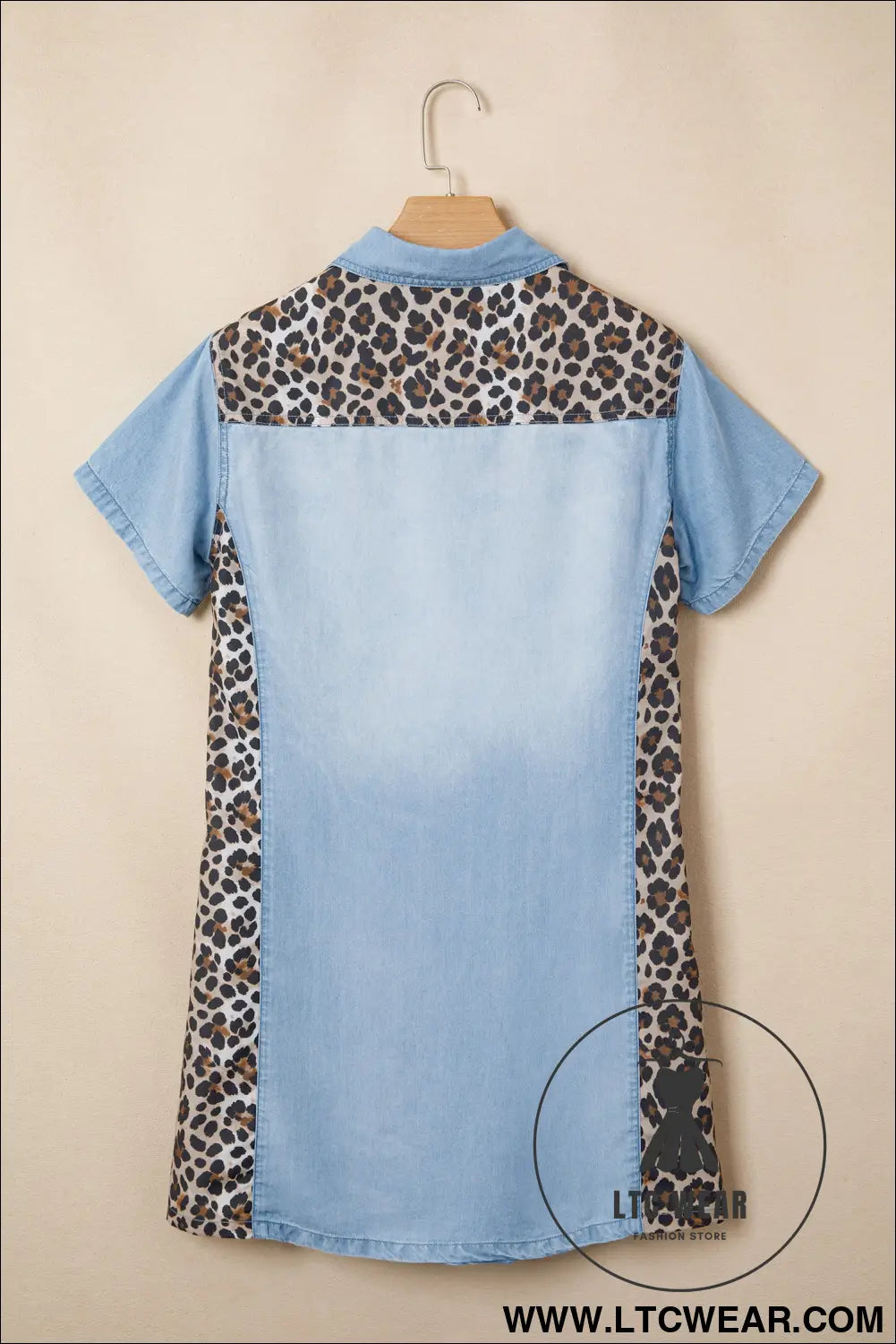Myosotis Denim Color Block Leopard Patchwork Shirt Collar T Shirt Mini Dress - L.T.C Wear Online Fashion Store