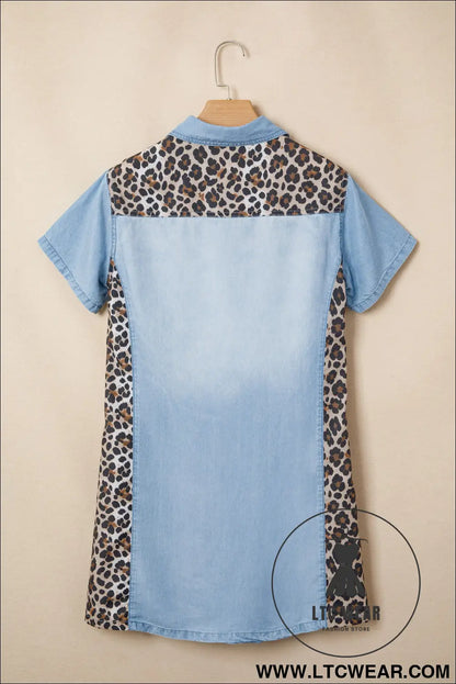 Myosotis Denim Color Block Leopard Patchwork Shirt Collar T Shirt Mini Dress - L.T.C Wear Online Fashion Store