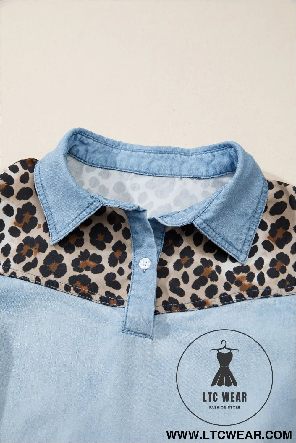 Myosotis Denim Color Block Leopard Patchwork Shirt Collar T Shirt Mini Dress - L.T.C Wear Online Fashion Store