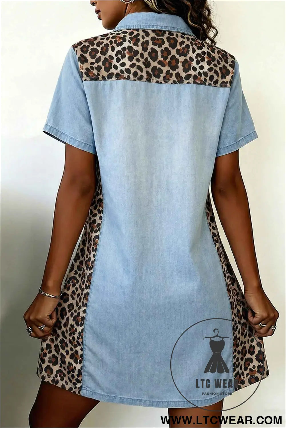 Myosotis Denim Color Block Leopard Patchwork Shirt Collar T Shirt Mini Dress