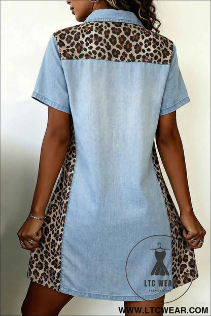 Myosotis Denim Color Block Leopard Patchwork Shirt Collar T Shirt Mini Dress