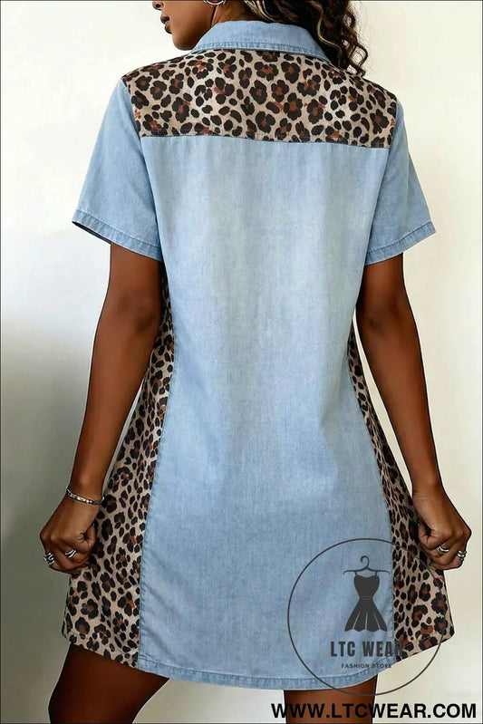 Myosotis Denim Color Block Leopard Patchwork Shirt Collar T Shirt Mini Dress