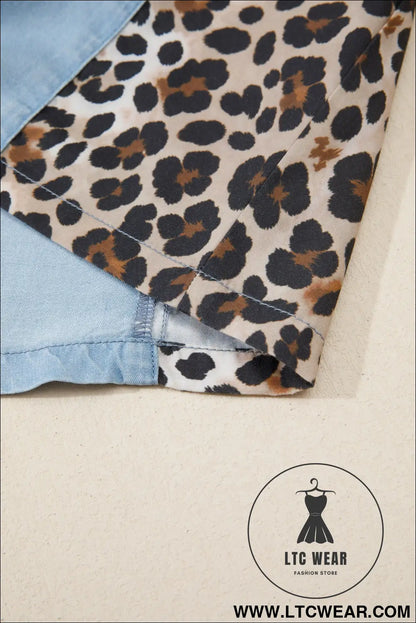 Myosotis Denim Color Block Leopard Patchwork Shirt Collar T Shirt Mini Dress - L.T.C Wear Online Fashion Store