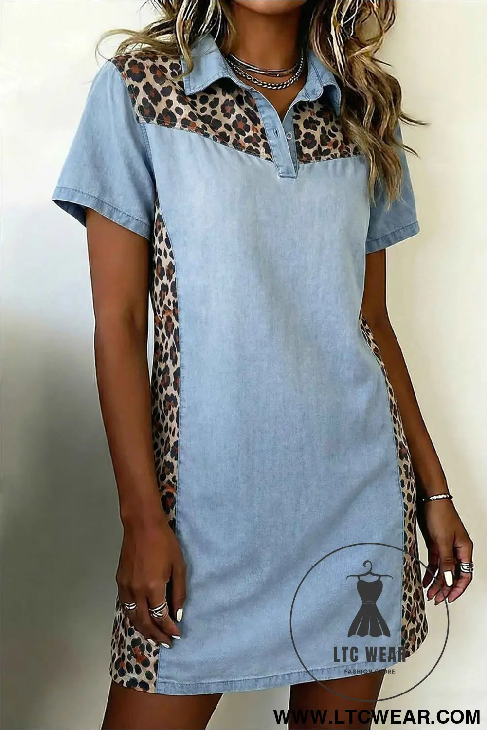 Myosotis Denim Color Block Leopard Patchwork Shirt Collar T Shirt Mini Dress