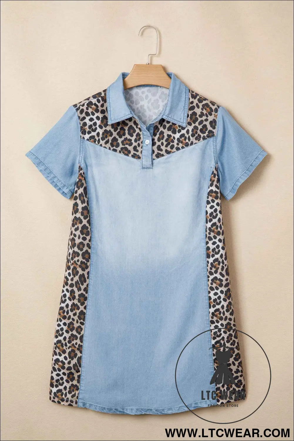 Myosotis Denim Color Block Leopard Patchwork Shirt Collar T Shirt Mini Dress