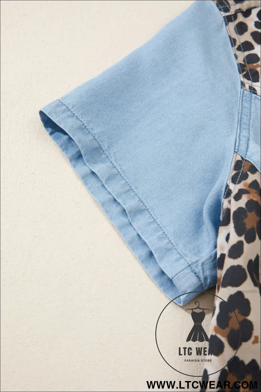 Myosotis Denim Color Block Leopard Patchwork Shirt Collar T Shirt Mini Dress - L.T.C Wear Online Fashion Store