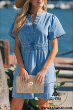Myosotis elastic waist short sleeve denim mini dress - mini dresses