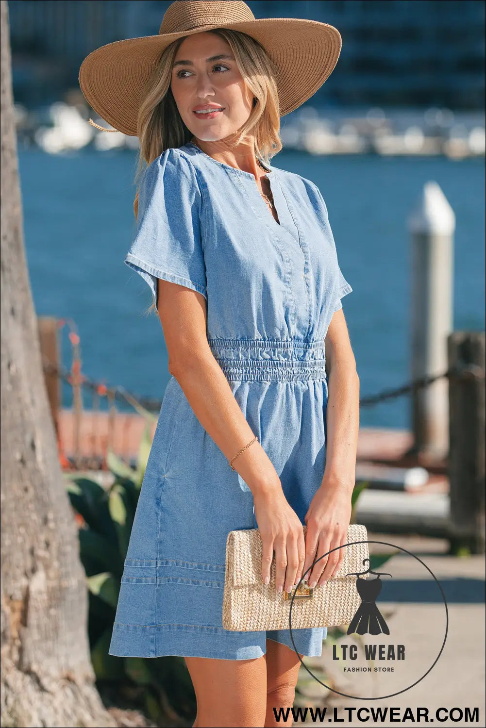Myosotis elastic waist short sleeve denim mini dress - mini dresses