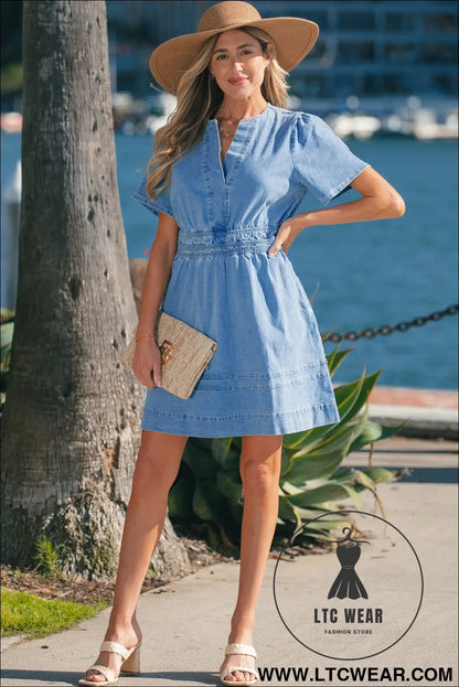 Myosotis elastic waist short sleeve denim mini dress - mini dresses