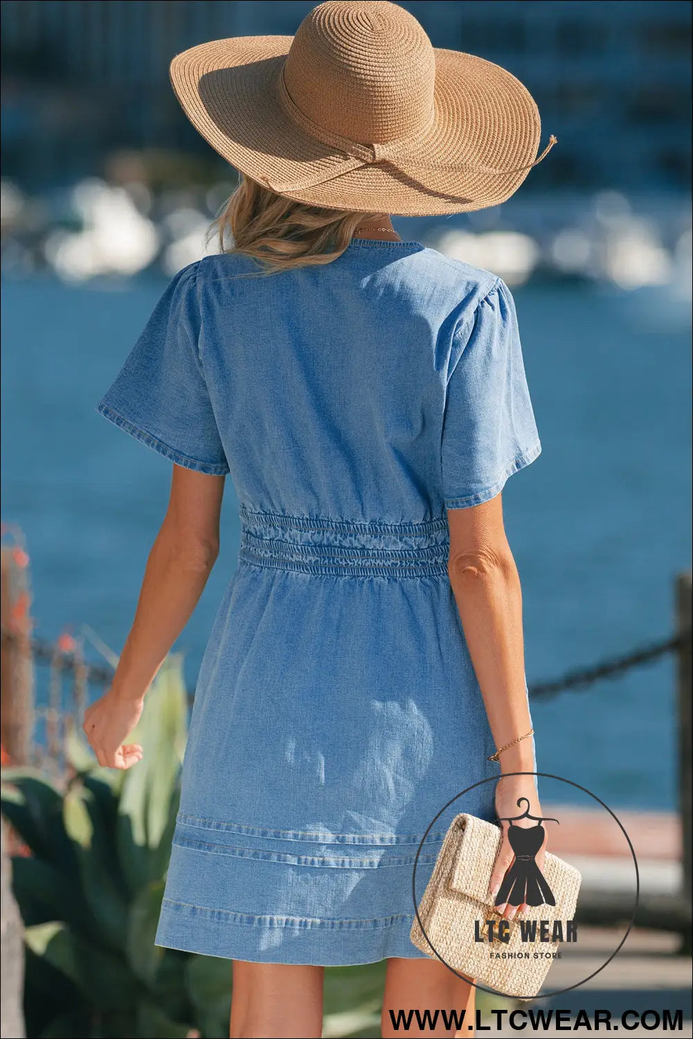 Myosotis elastic waist short sleeve denim mini dress - mini dresses