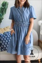 Myosotis elastic waist short sleeve denim mini dress - mini dresses