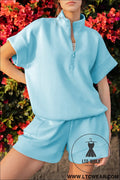 Myosotis half zip high neck tee athleisure short set - myosotis / l / 50% polyester + 43% viscose + 7% elastane - short