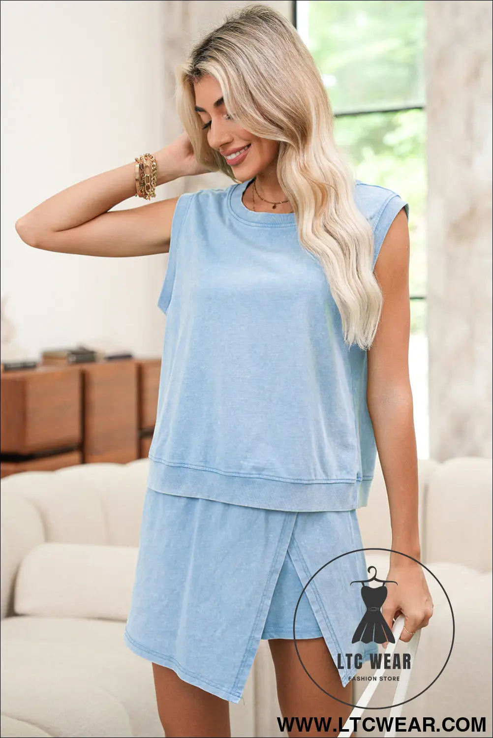 Myosotis mineral wash sleeveless top and split skort set - short sets
