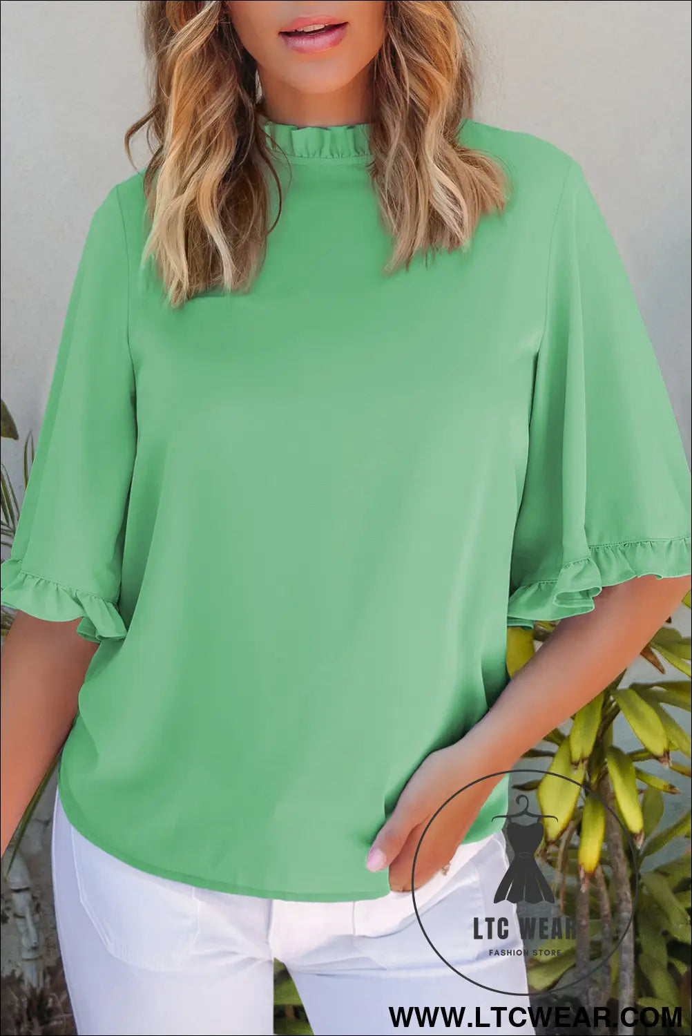 Myosotis ruffled bell sleeve loose blouse - green / l / 100% polyester - blouses & shirts